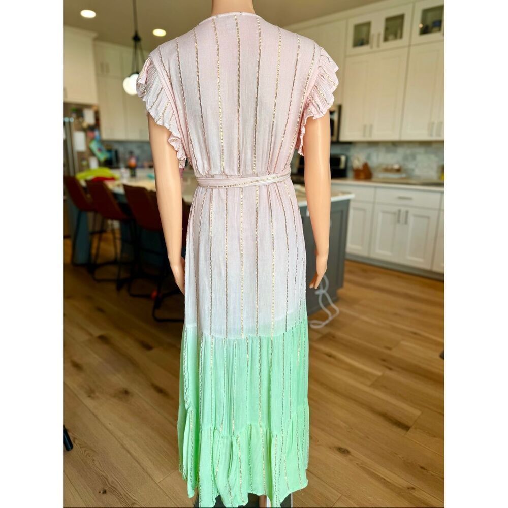 Zury Pastel Pink Mint Green Gold Metallic Stripe Wrap Ruffle Boho Maxi Dress OS - Picture 4 of 8